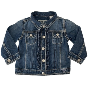 Guess blue jean jacket with ruffles.  Size 18 months.  Excellent used condition.